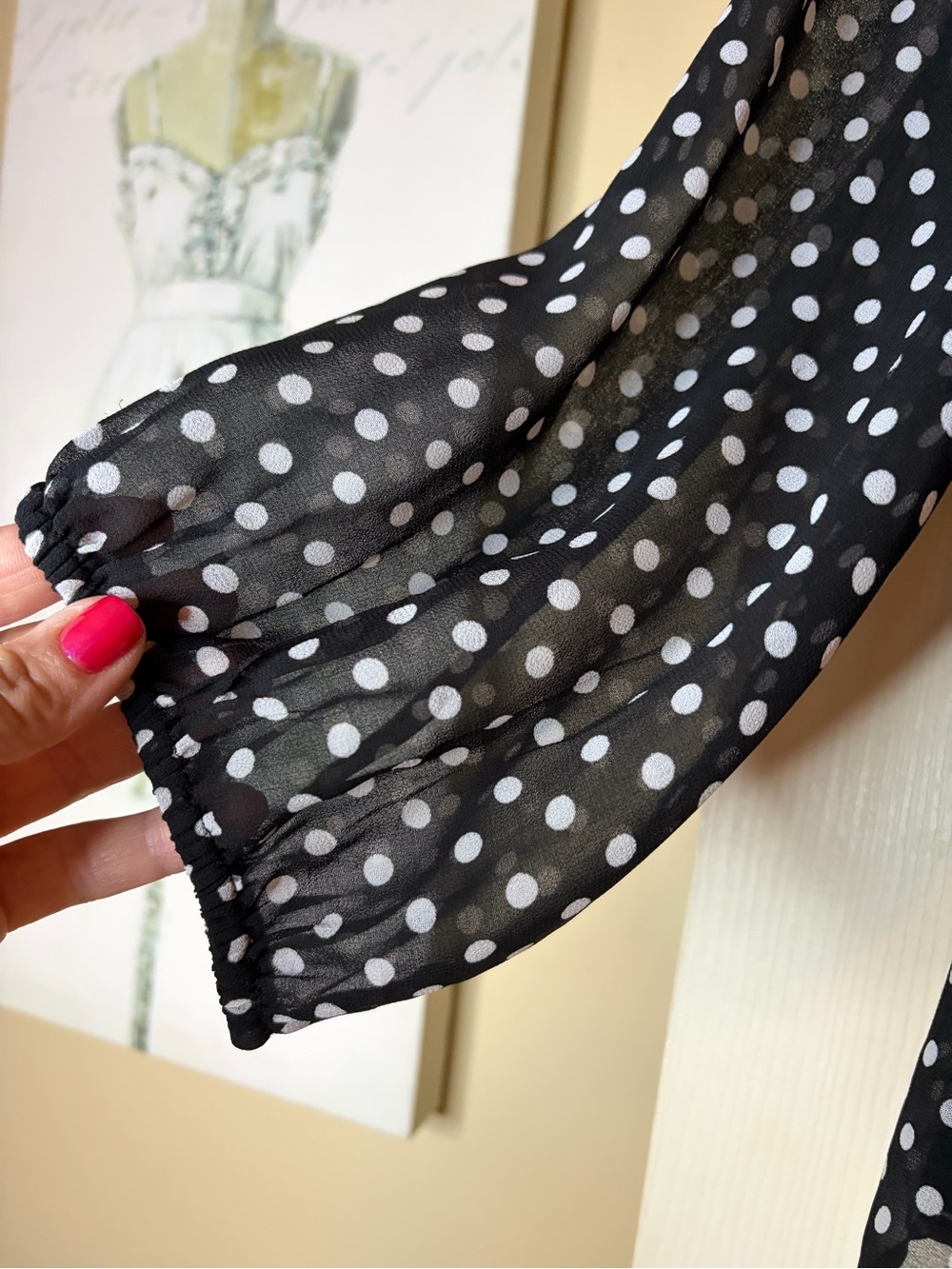 White House Black Market Black Polka Dot V-Neck Blouse with Blue Stripe - Picture 3 of 4